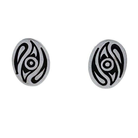 Vintage Mexico Sterling Silver 925 Swirl Oxidized Oval Clip On Earrings - Picture 1 of 11